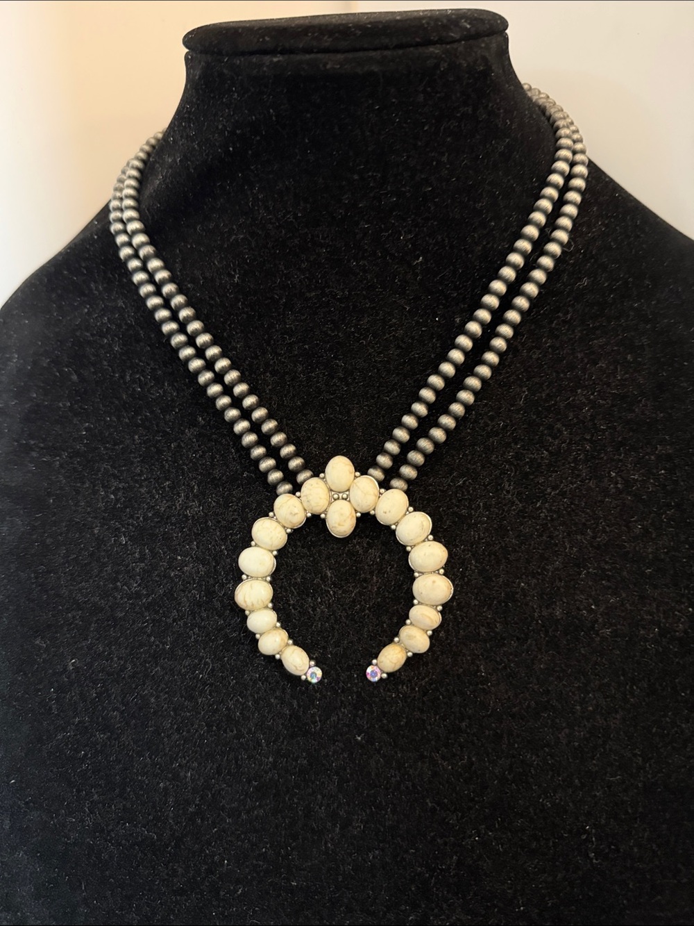 White Stone Horseshoe Pendant Necklace with Double Strand Beads